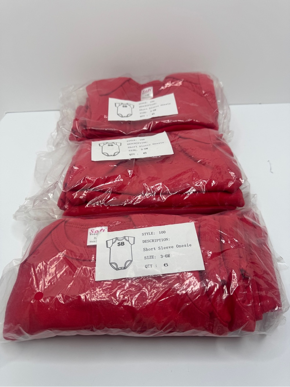 Bebe Soft, 3-6 months, Red Short Sleeve Onesie - 3 Packs, 18 ct.